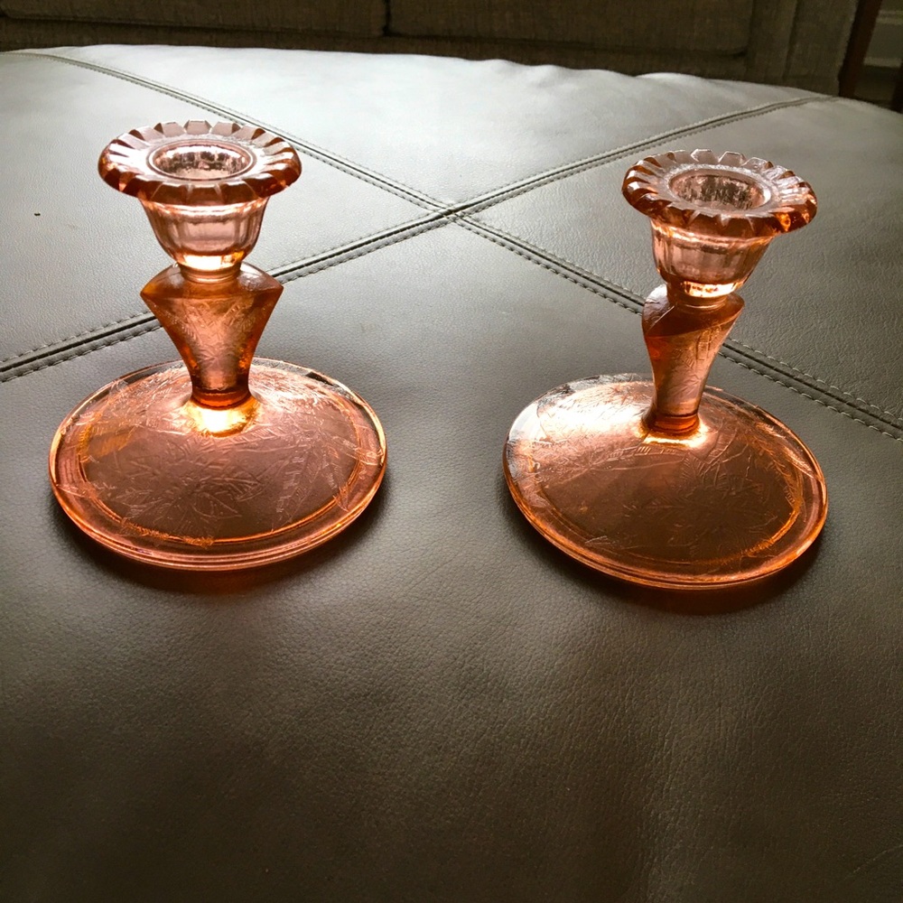 Pink Depression Glass Pair of Poinsettia Pattern Candlesticks